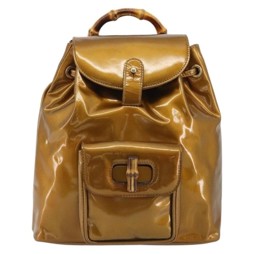 Gucci Vintage Bamboo Patent Gold Patent_Leather Backpack Bag